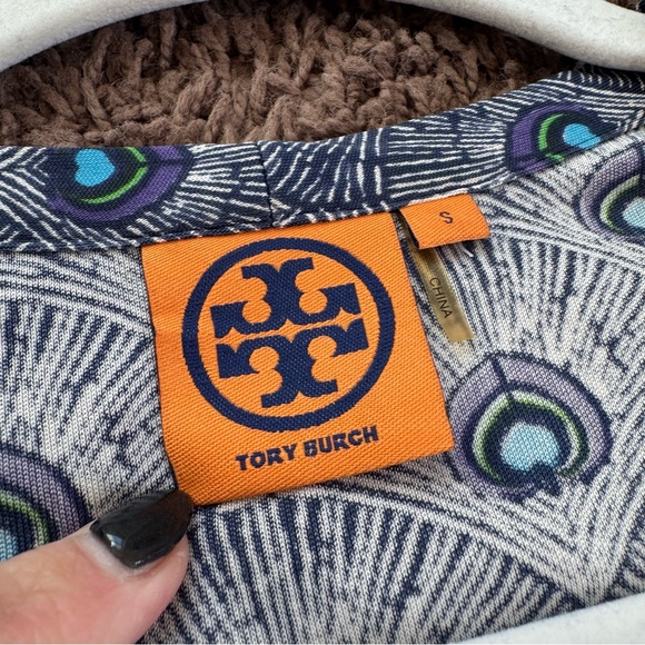 Tory Burch 100% Silk Wrap Dress Peacock Feather Print Sleeveless Purple Blue S - Picture 7 of 13